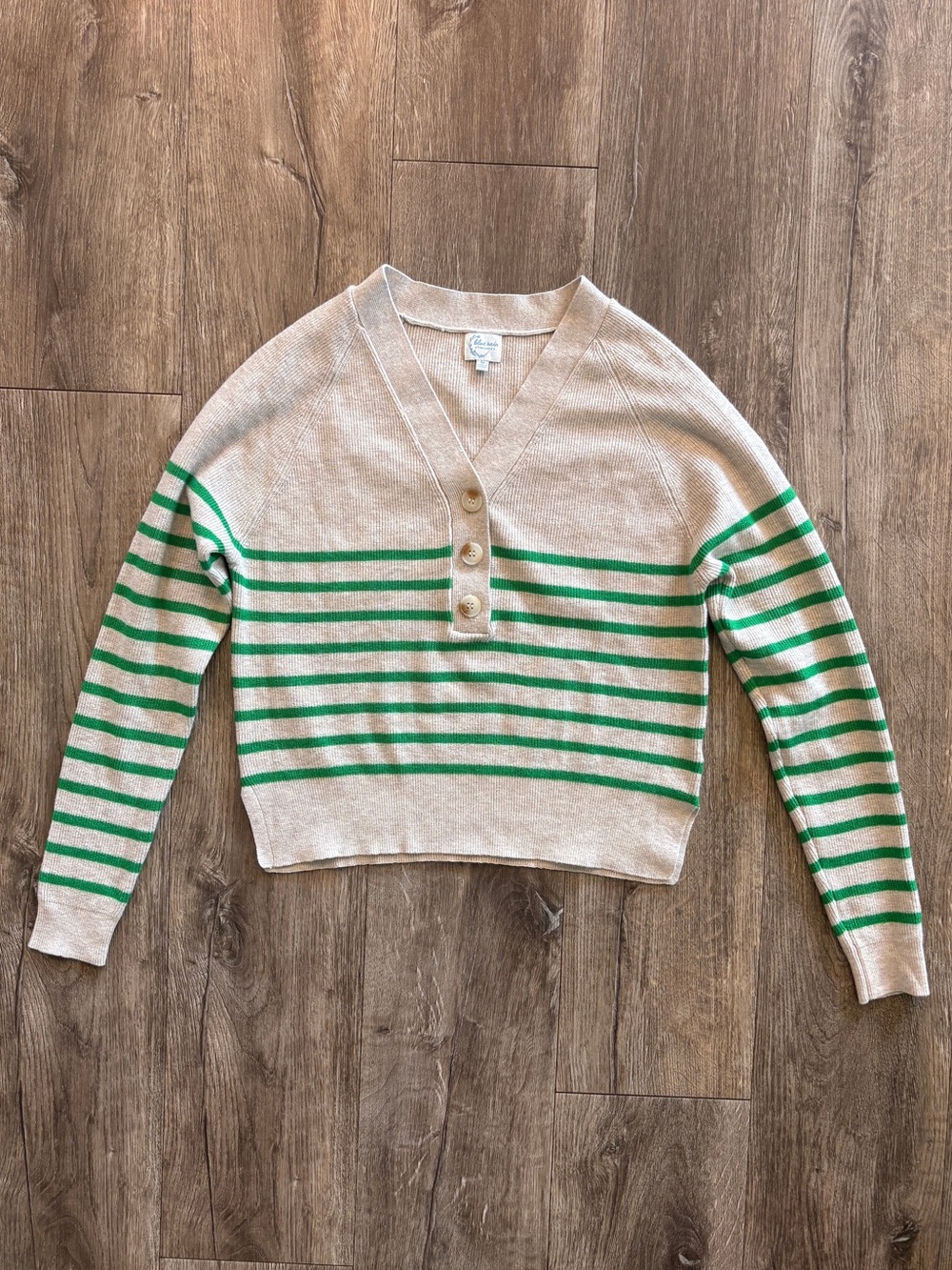 Blue Rain Cream V-Neck Button Sweater with Green Stripes